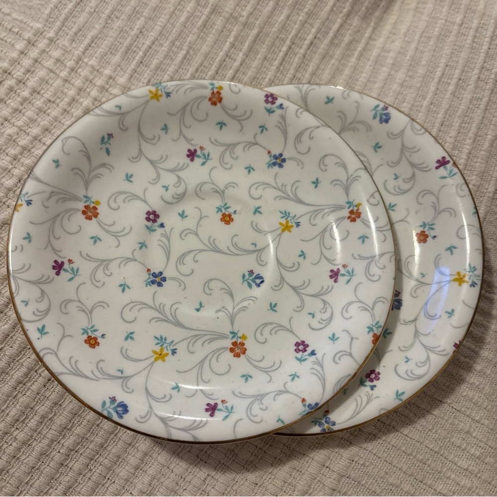VTG Radfords Crown China Floral Gold Trim Bone China Saucer England 1950s Set 2